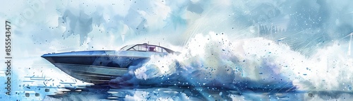 Adrenaline Rush - Vibrant Watercolor Clipart of Speedboat Racing, Splashing Waves, High Resolution Digital Illustration photo