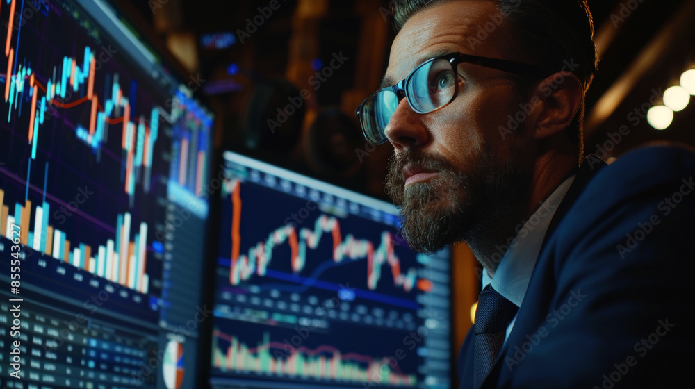 portrait businessman analysis trade on big monitor portrait businessman analysis trade on big monitor