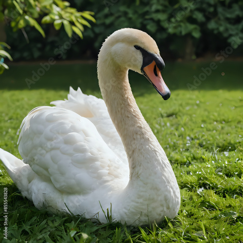 a white swan that is sitting in the grass photo