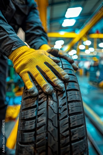 A closeup shot of gloved hands inspecting a tire in a factory setting. The tire is positioned vertically, and the hands are carefully checking its tread and condition