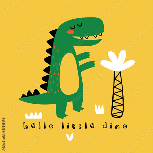 screen print design with funny dinosaur drawing as vector for kids fashion 