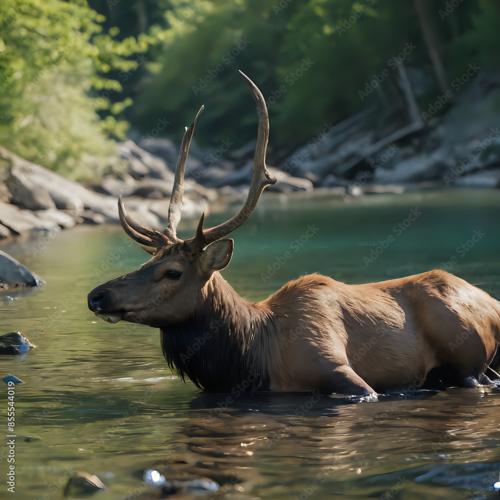 a deer that is laying down in the water