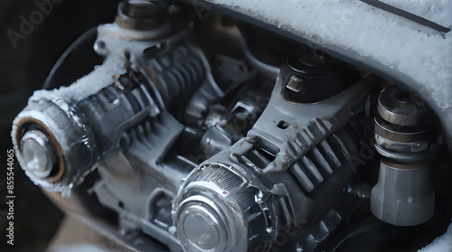 a close up of a motorcycle engine with snow on the ground