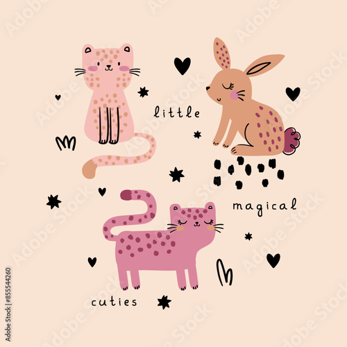 textile print design with cute cat and rabbit drawing as vector