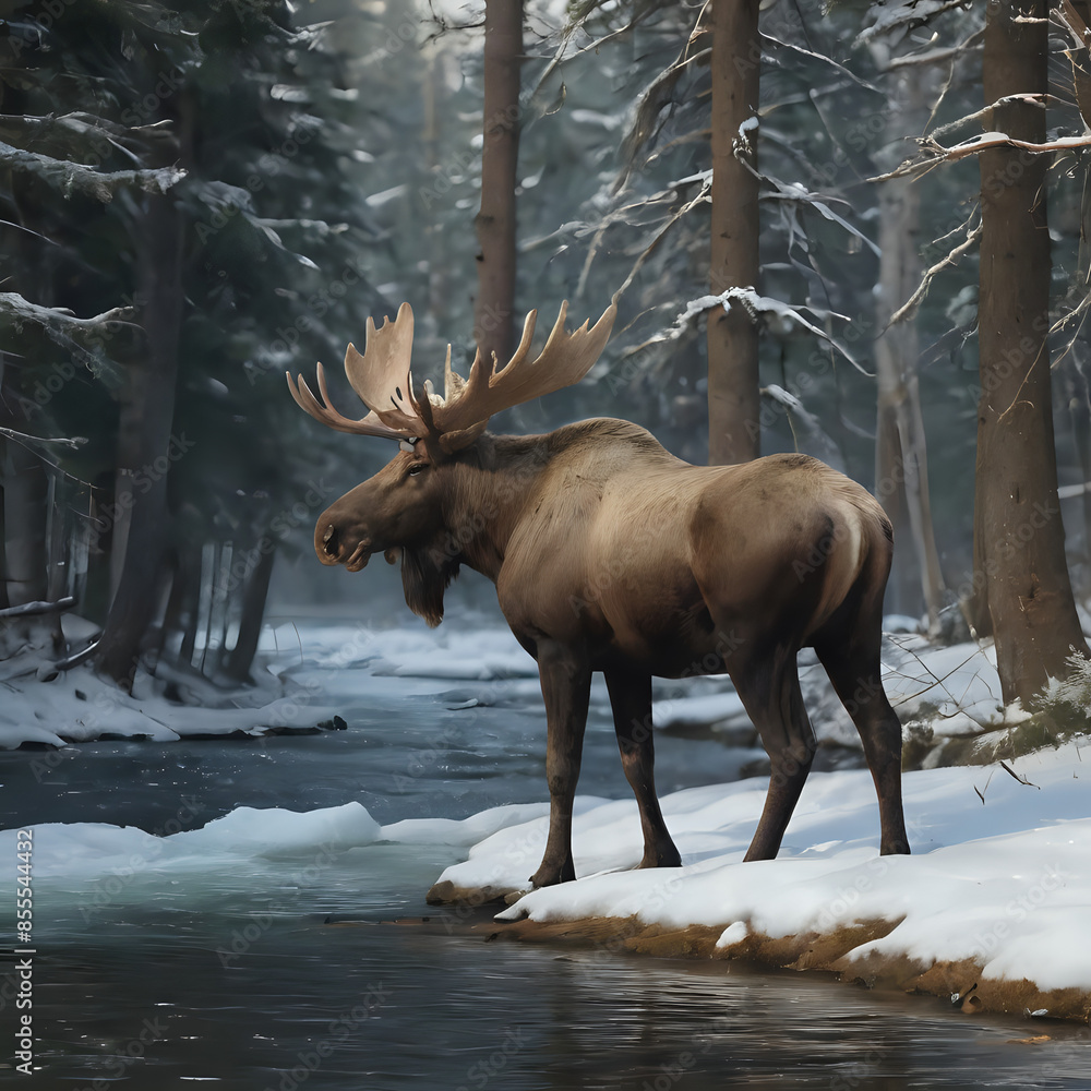 a standing on a rock in a snowy forest next to a stream a standing on a rock in a snowy forest next to a stream