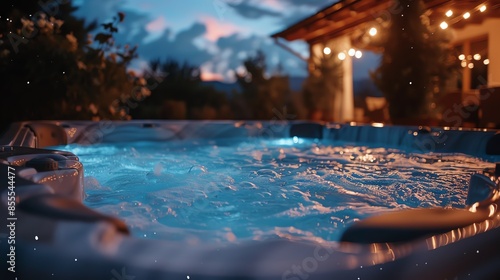 Relaxing hot tub with mountain view and starry night sky.