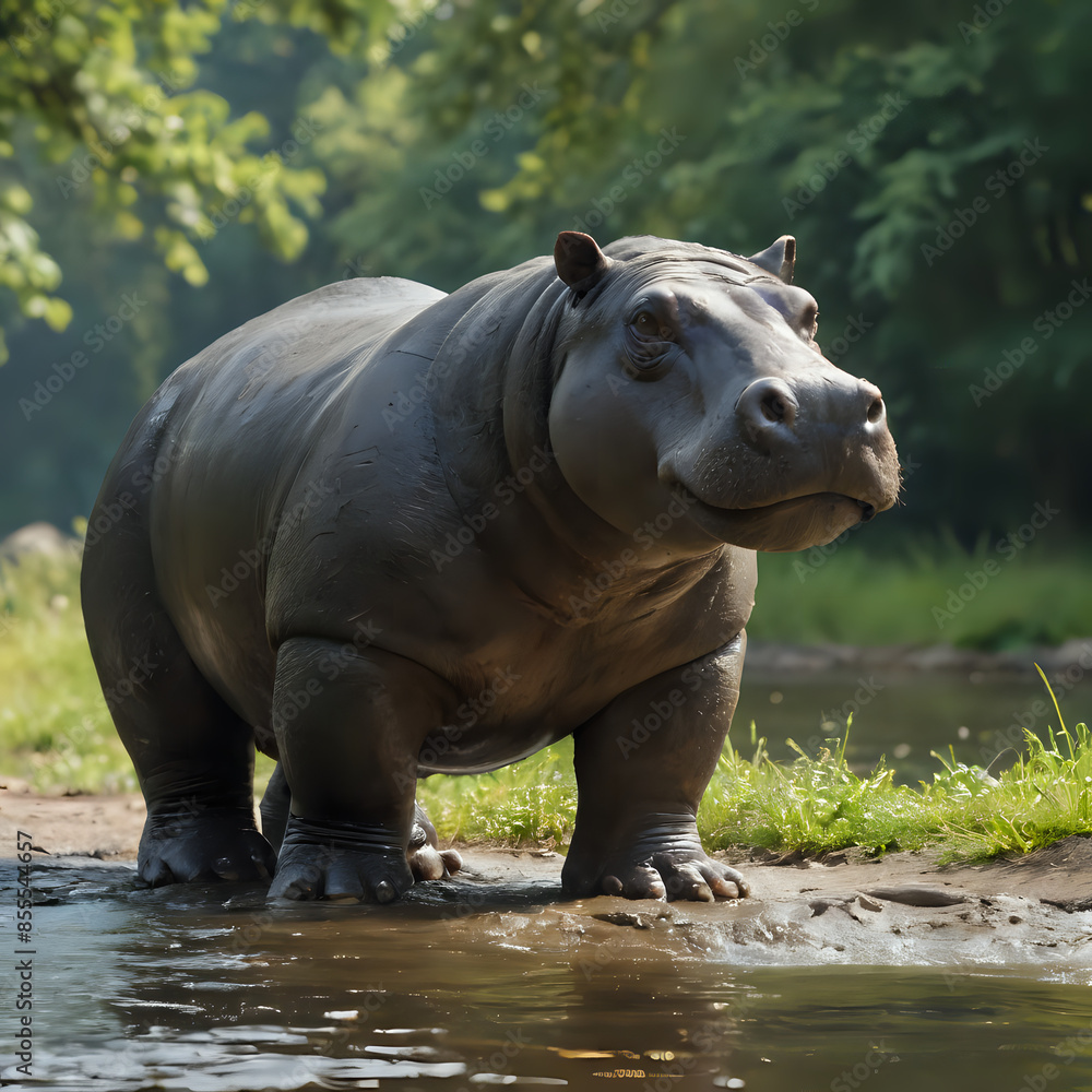 Naklejka premium a hippo standing in the water and looking at the camera