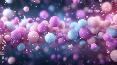 Abstract composition of pastel colored spheres floating in a dreamy background with bokeh lights © Sippung
