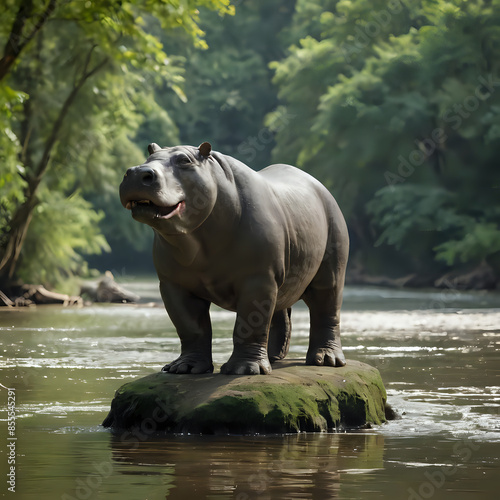 a hippo standing on a rock in the water