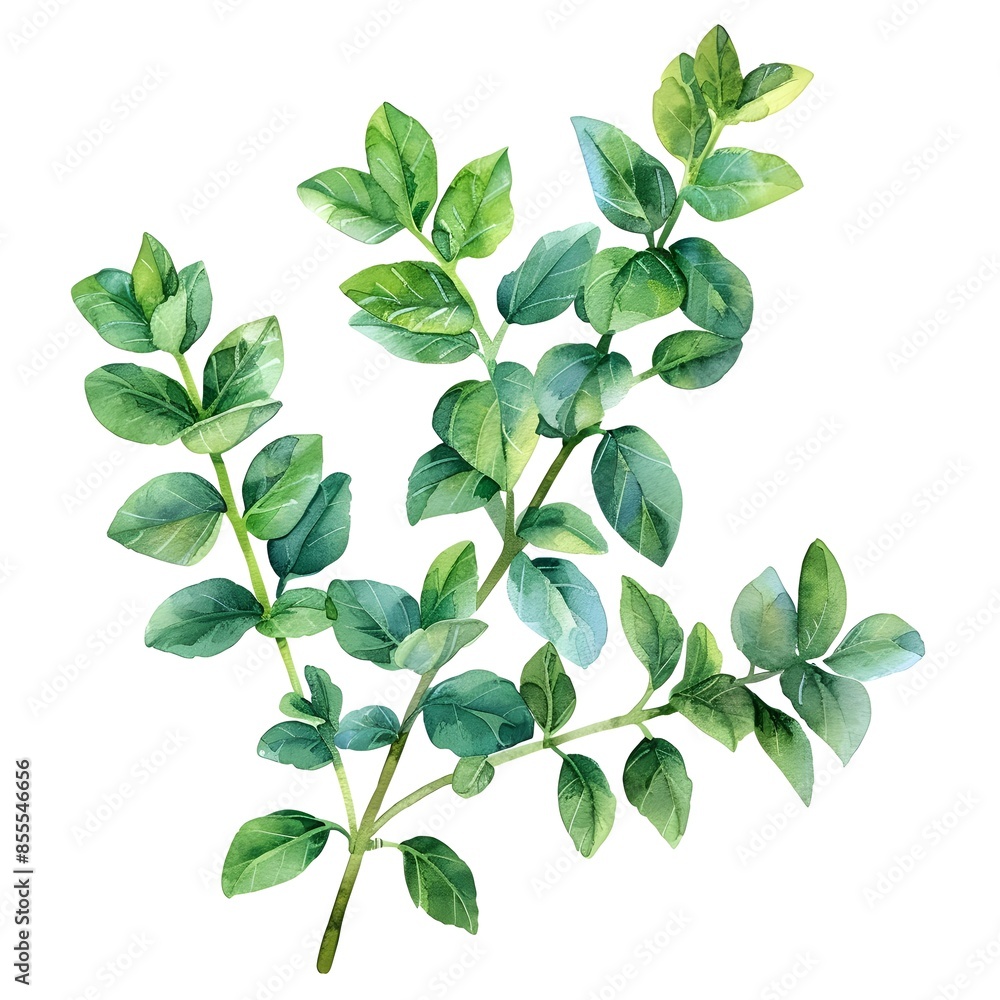 Fototapeta premium Delicate Watercolor Thyme Sprig with Green Leaves on Isolated White Background
