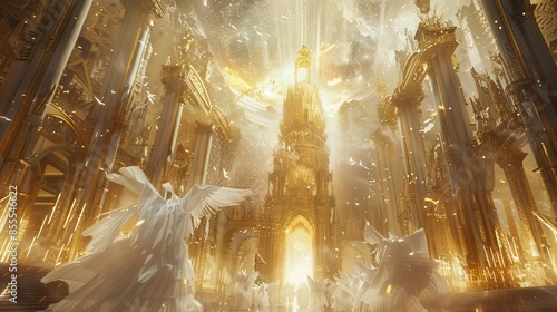 illustration of a celestial palace floating among stars , other worldly atmosphere