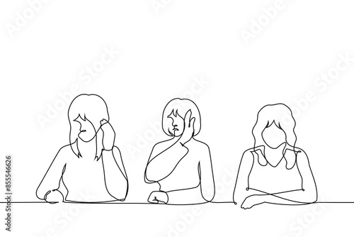 women sitting side by side at the table turn away and cover their eyes from the sight of the person sitting next to them - one line art vector. concept outcast, quarrel with friend, misogyny