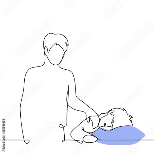 man wakes up a sleeping man by shaking his shoulder - one line art vector. concept father or friend wakes up an adult man