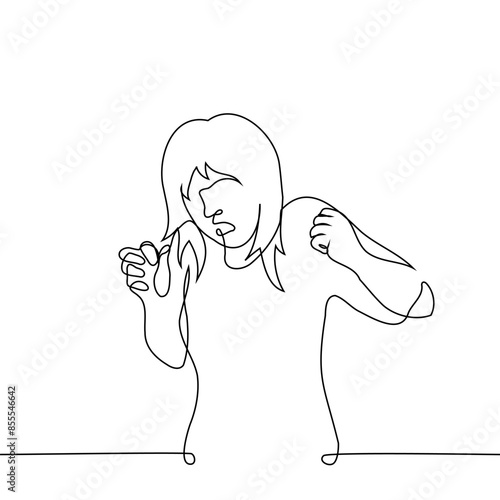 woman is scared and looks down with her mouth open and her hands clenched into fists from fear - one line art vector. concept fear, phobia, disgust and horror