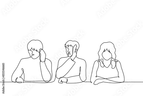 men sitting side by side at the table turn away and cover their eyes from of woman sitting next to them - one line art vector. concept misogynists, sexists, stink, outsider, woman in male group
