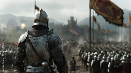 A medieval knight hero leading his big army , He is about to give a speech to his army to motivate them for their upcoming do or die battle
