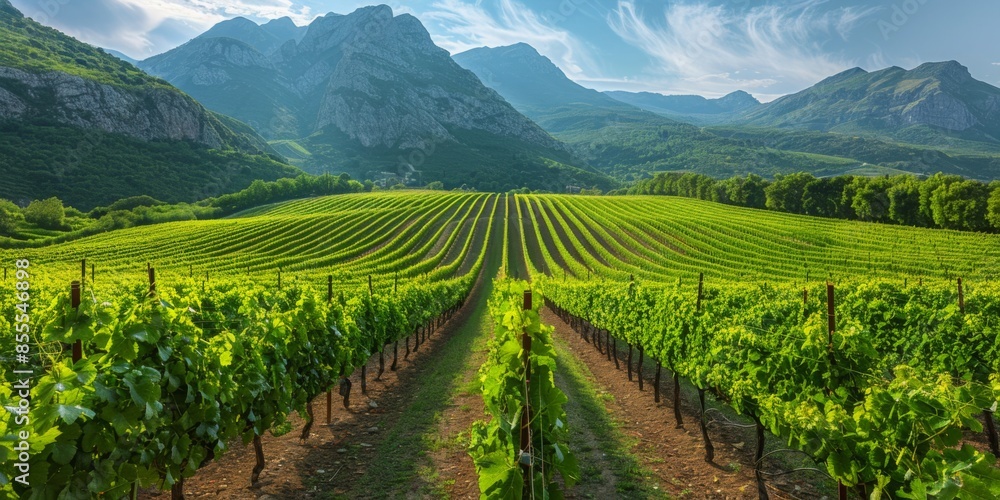 Naklejka premium A picturesque vineyard with rows of grapevines leading up to a distant mountain range