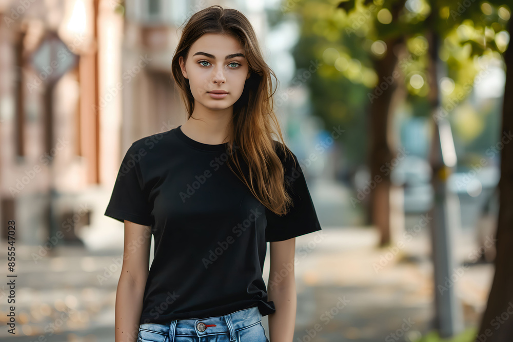 Young woman in black t-shirt standing outdoors on a bright day for mockup template Young woman in black t-shirt standing outdoors on a bright day for mockup template