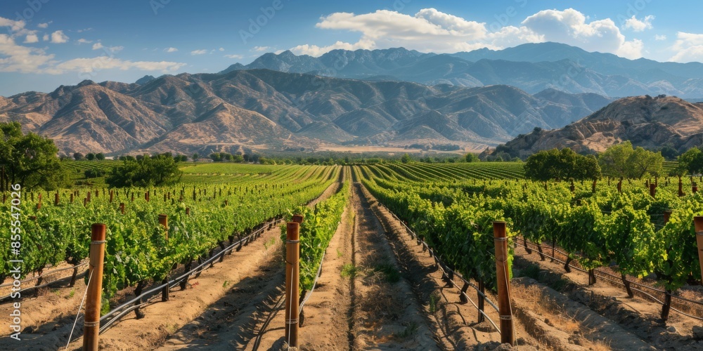 Fototapeta premium A picturesque vineyard with rows of grapevines leading up to a distant mountain range