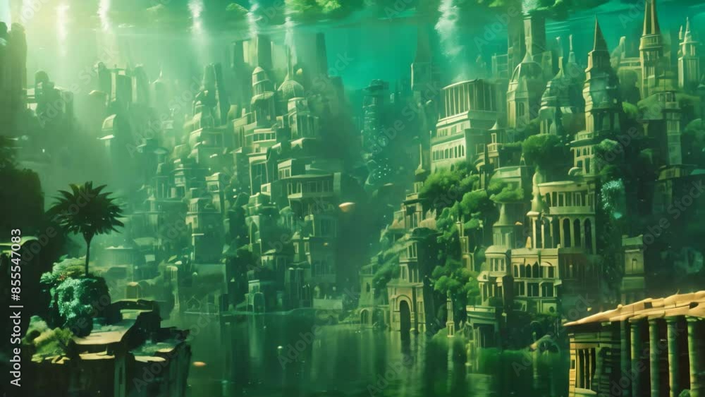Painting showing a city skyline submerged underwater, An underwater ...