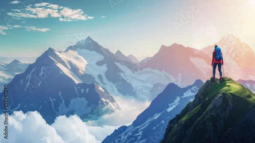 Tourist Enjoying Majestic Mountain Peak View on a Clear Day, Active Lifestyle Concept