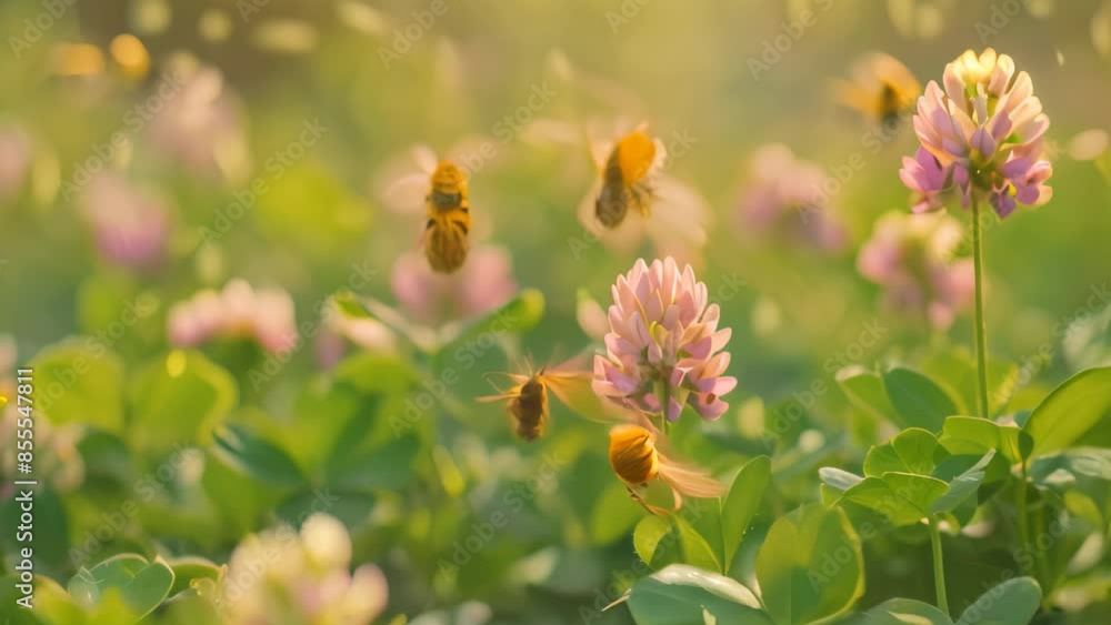 A group of bees flying around blooming clover flowers in a field, Bees buzzing around a field of blooming clover A group of bees flying around blooming clover flowers in a field, Bees buzzing around a field of blooming clover