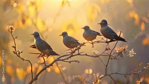Group of birds sitting on top of a tree branch, chirping happily, Birds chirp happily as they welcome the day