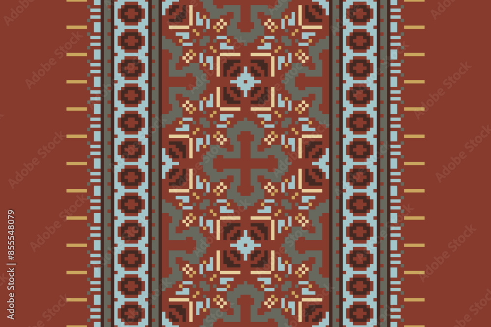 Ethnic pixel geometric seamless pattern with paisley on beige background. Native oriental cross stitch knitting design for fabric, decoration, wallpaper, border decor, element, texture, textile, print Ethnic pixel geometric seamless pattern with paisley on beige background. Native oriental cross stitch knitting design for fabric, decoration, wallpaper, border decor, element, texture, textile, print