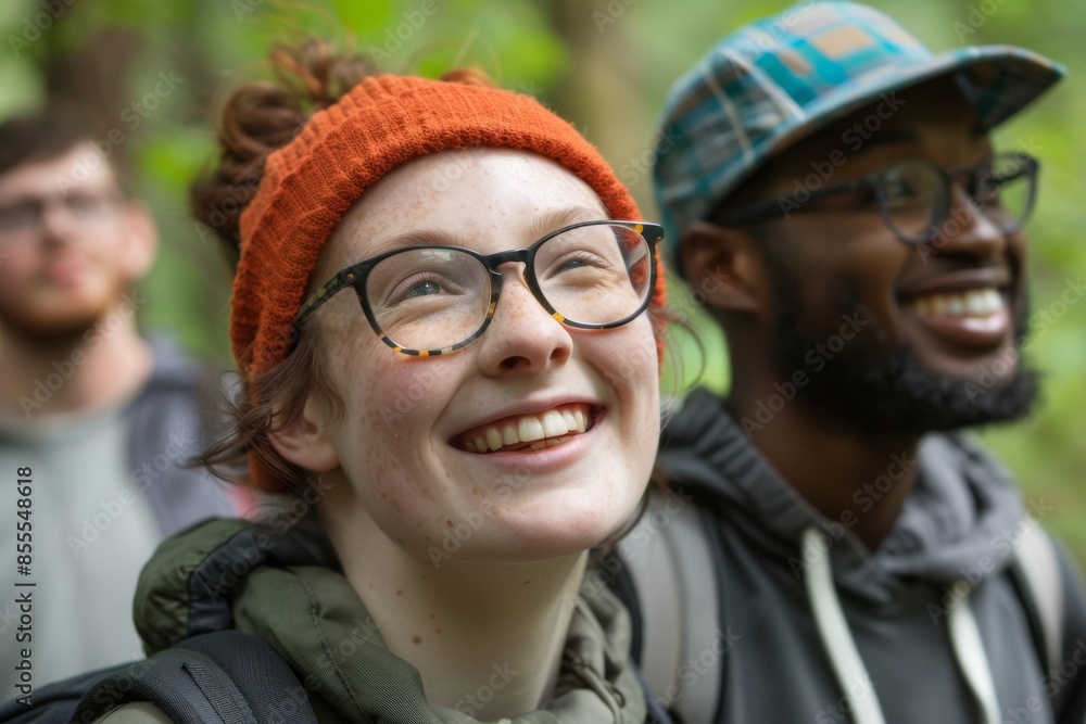 Group of diverse friends having fun together on a hike in the woods Group of diverse friends having fun together on a hike in the woods