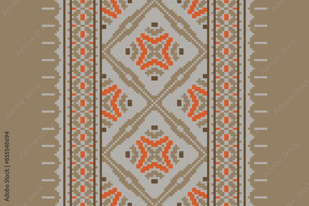 Ethnic pixel geometric seamless pattern with paisley on beige background. Native oriental cross stitch knitting design for fabric, decoration, wallpaper, border decor, element, texture, textile, print Ethnic pixel geometric seamless pattern with paisley on beige background. Native oriental cross stitch knitting design for fabric, decoration, wallpaper, border decor, element, texture, textile, print