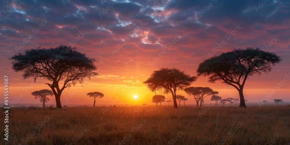A vast savannah with acacia trees silhouetted against a dramatic sunset A vast savannah with acacia trees silhouetted against a dramatic sunset