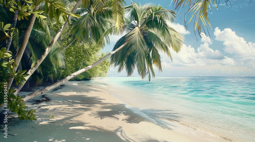 Tropical Paradise: Palm Trees on Idyllic Beach, The Maldives, Indian Ocean Tropical Paradise: Palm Trees on Idyllic Beach, The Maldives, Indian Ocean