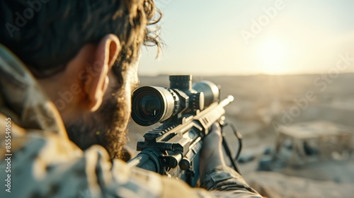 Soldier aiming with a sniper rifle through a scope in a desert setting at sunset, focusing on target during a mission. photo