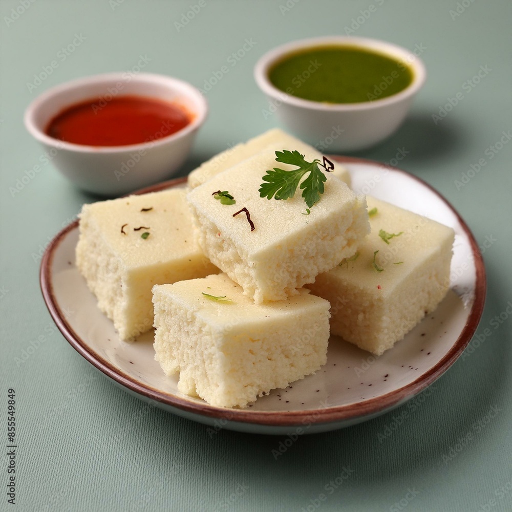 Indian food white khaman dhokla with chutney Indian food white khaman dhokla with chutney