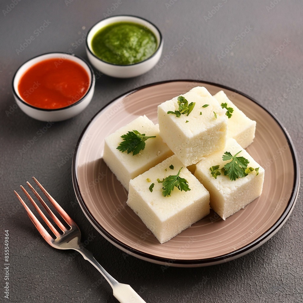 Indian food white khaman dhokla with chutney Indian food white khaman dhokla with chutney