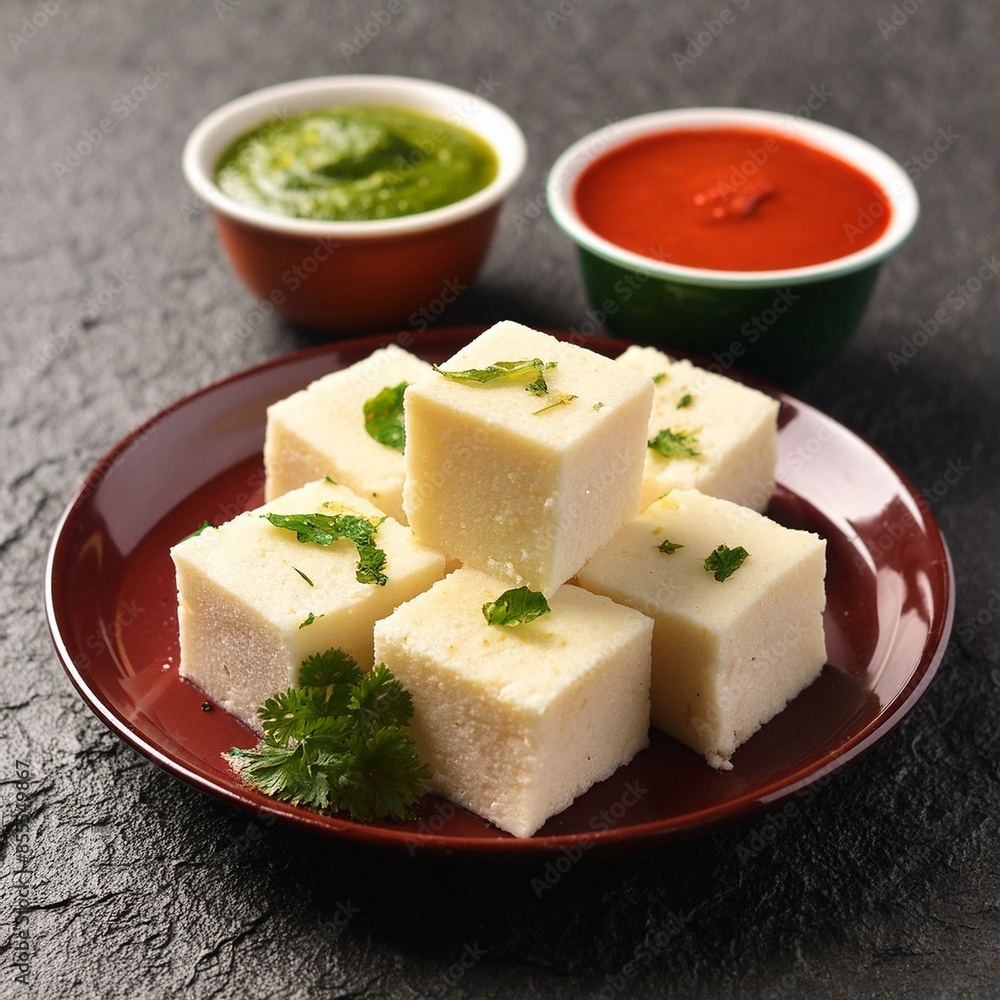 Indian food white khaman dhokla with chutney Indian food white khaman dhokla with chutney