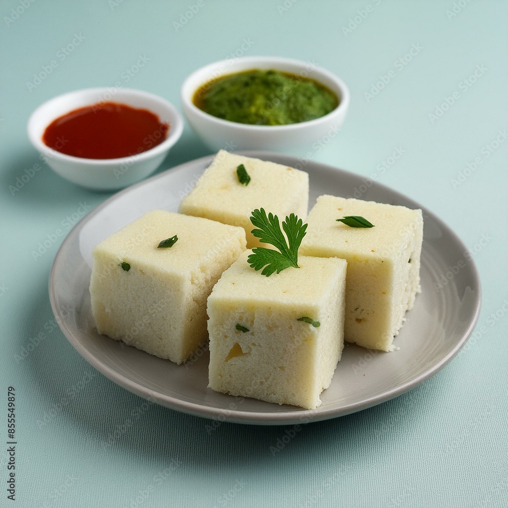 Indian food white khaman dhokla with chutney Indian food white khaman dhokla with chutney