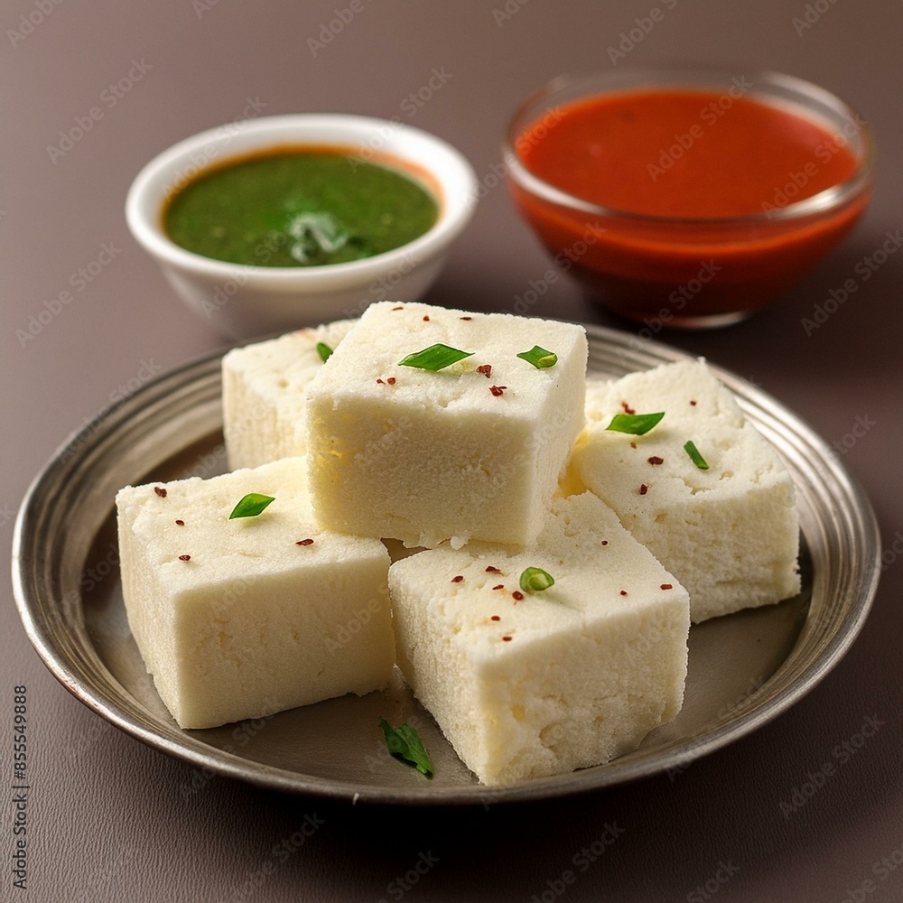 Indian food white khaman dhokla with chutney Indian food white khaman dhokla with chutney