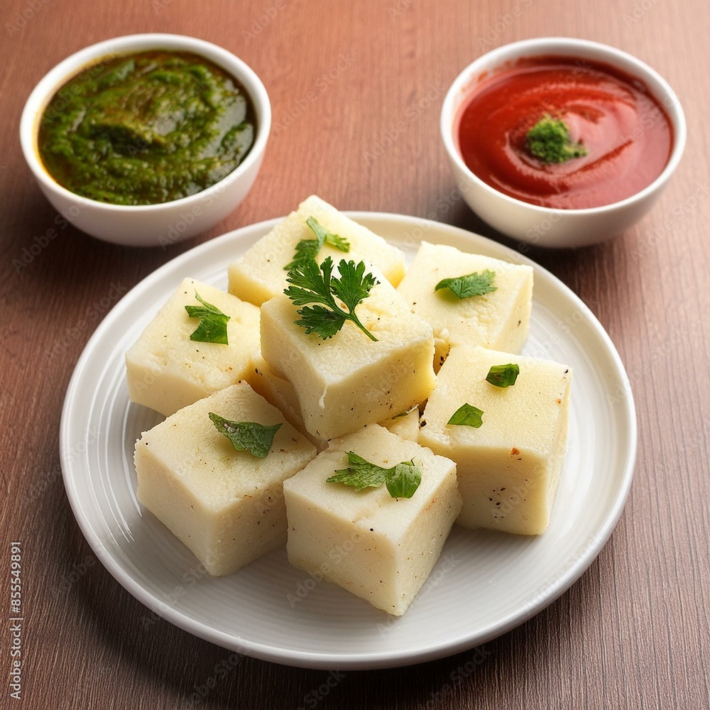 Indian food white khaman dhokla with chutney Indian food white khaman dhokla with chutney