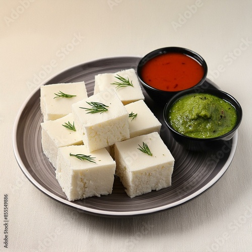 Indian food white khaman dhokla with chutney  photo