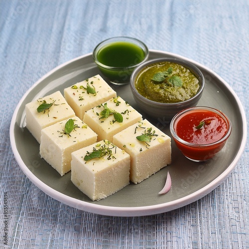 Indian food white khaman dhokla with chutney  photo