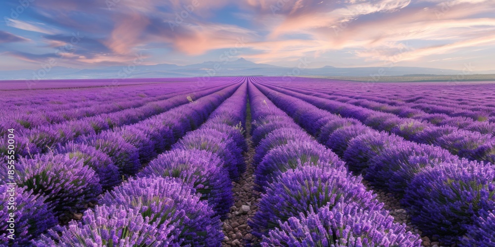 A breathtaking view of a lavender field in full bloom stretching to the horizon A breathtaking view of a lavender field in full bloom stretching to the horizon
