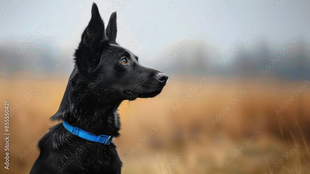 Vigilant mature black Dutch Shepherd dog with blue collar sitting attentively and gazing into the countryside Vigilant mature black Dutch Shepherd dog with blue collar sitting attentively and gazing into the countryside