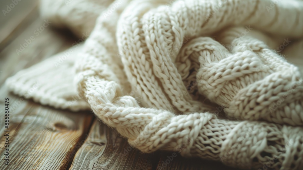 White knitted sweater or scarf displayed on a wooden table Background features a textured pattern of knitted jersey made from wool crafted by hand or machine White knitted sweater or scarf displayed on a wooden table Background features a textured pattern of knitted jersey made from wool crafted by hand or machine