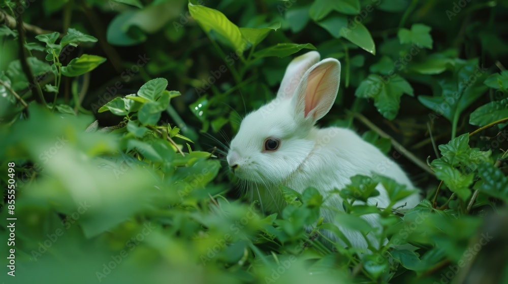 White infant bunny nestled in the greenery White infant bunny nestled in the greenery