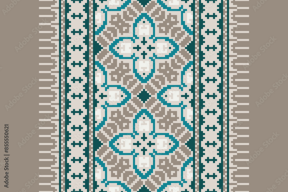 Ethnic pixel geometric seamless pattern with paisley on beige background. Native oriental cross stitch knitting design for fabric, decoration, wallpaper, border decor, element, texture, textile, print Ethnic pixel geometric seamless pattern with paisley on beige background. Native oriental cross stitch knitting design for fabric, decoration, wallpaper, border decor, element, texture, textile, print