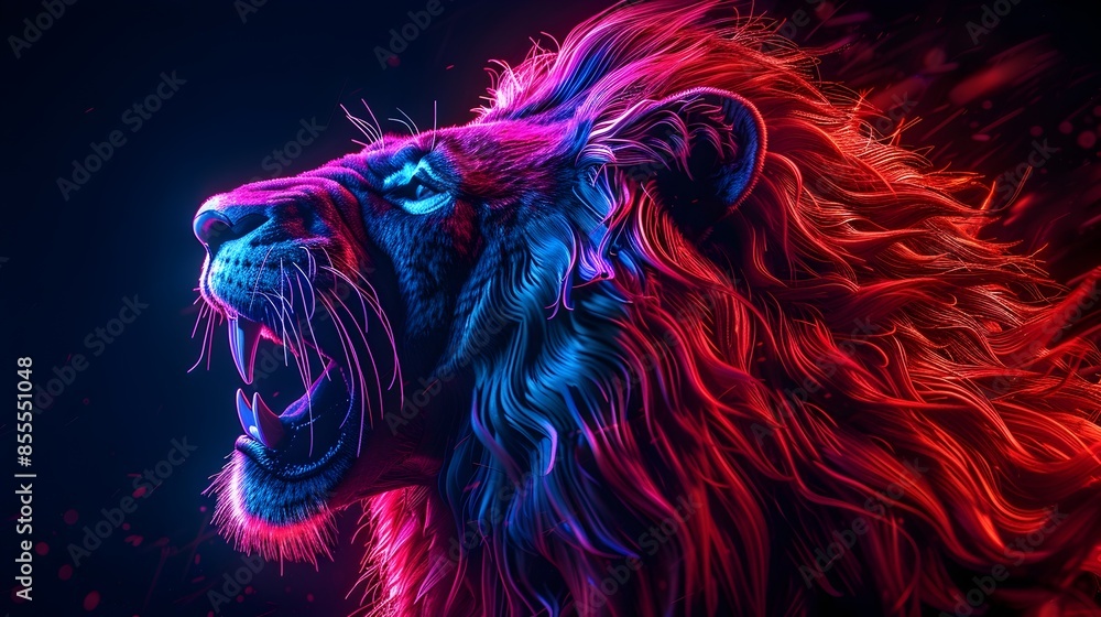 Glowing Neon Lion Roaring Fiercely in the Dark with Intricate Details and Radiant Mane Glowing Neon Lion Roaring Fiercely in the Dark with Intricate Details and Radiant Mane