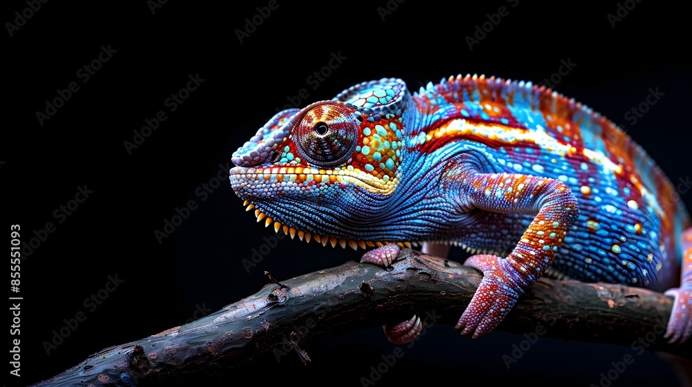 Neon Chameleon Perched on Branch Color Shifting Reptile on Isolated Black Background Neon Chameleon Perched on Branch Color Shifting Reptile on Isolated Black Background