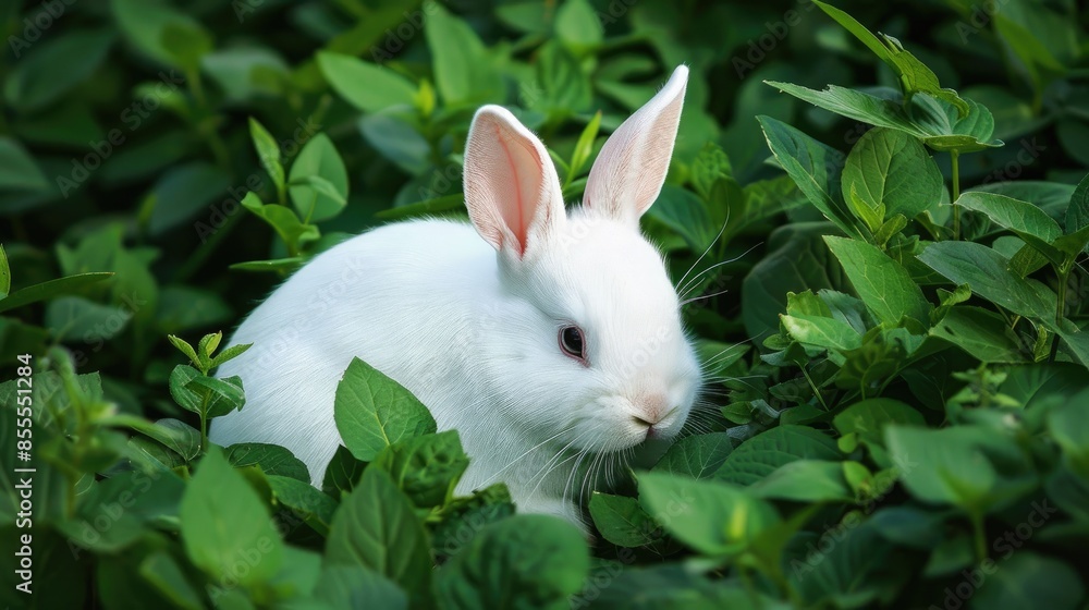 White infant bunny nestled in the greenery White infant bunny nestled in the greenery