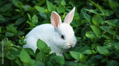 White infant bunny nestled in the greenery © CreativeBro